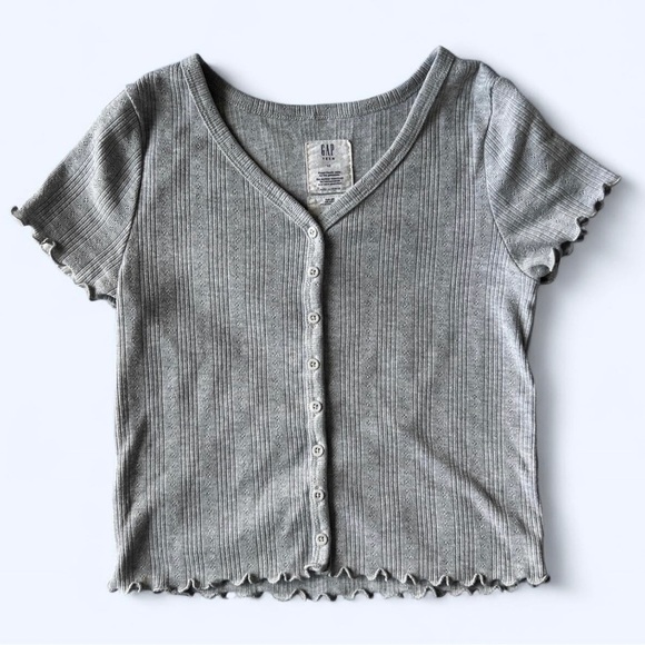 Gap Womens Grey Cropped Button Up Short Sleeve Ruffle Trim Knit Crop Top - Picture 1 of 6